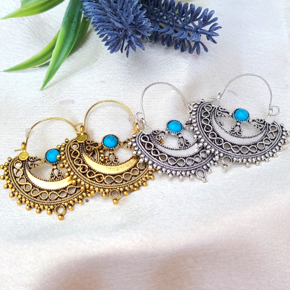 Two Turquoise Basket Weaver Hoop Earrings - Picture 3 of 13